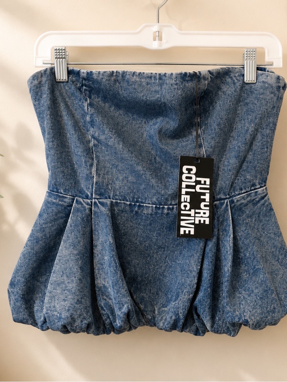 Future Collective Medium Wash Denim Bubble Hem Strapless Crop Top - Picture 2 of 2